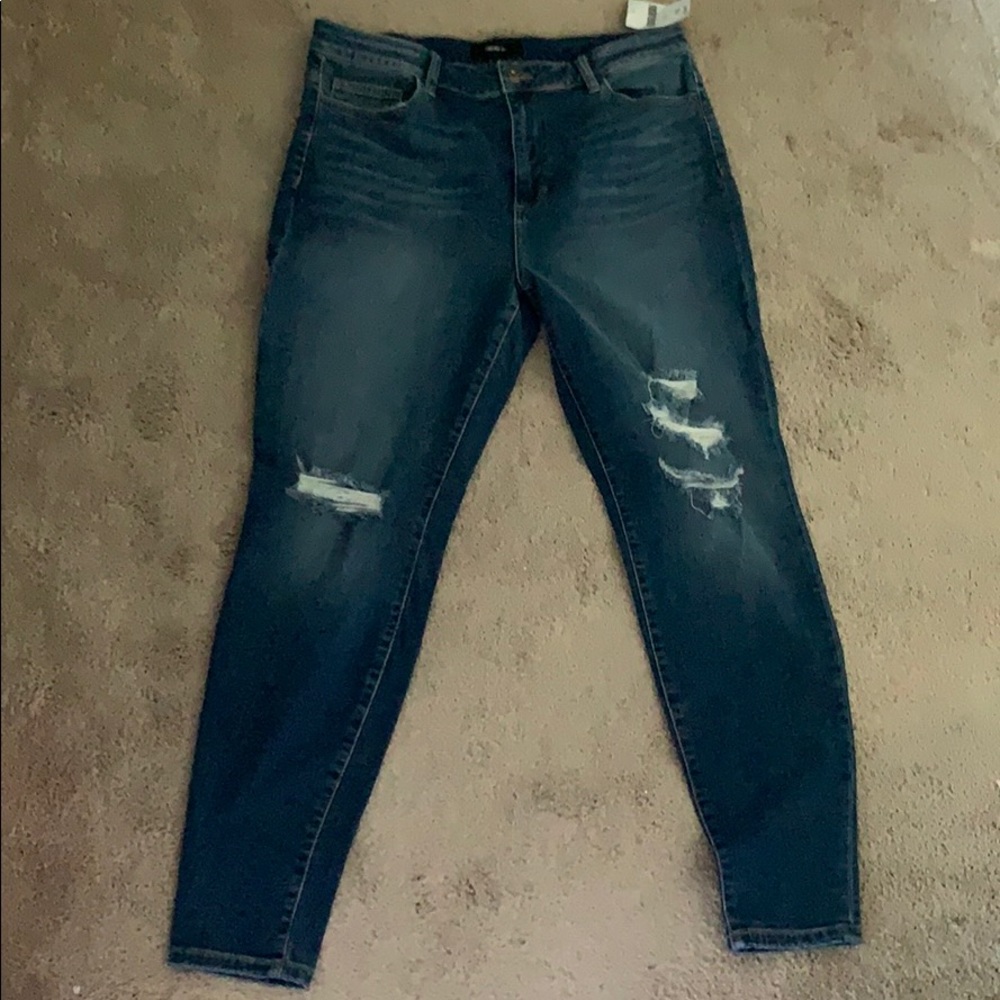 high rise dark blue jeans